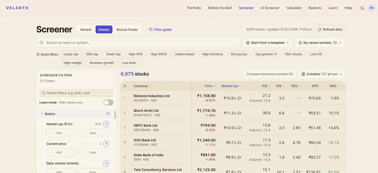 The Valarth stock screener: a table of companies with price, market cap, P/E, P/B, PEG, EPS and ROE, and filters down the left.